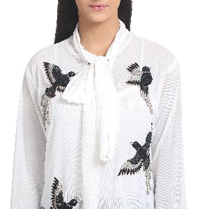 White Net Lycra Bird Patchwork Embroidery Shirts