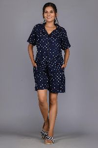 Ladies Navy Blue Rayon Shirt and Shorts Set