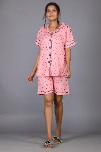 Ladies Pink Rayon Shirt and Shorts Set