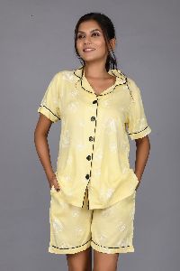 Ladies Yellow Rayon Shirt and Shorts Set