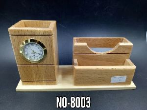 Wooden Pen Stand with Clock and Visiting Card Holder