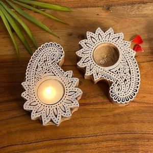Wooden Block Print Tea Light Candle Holders for Diwali