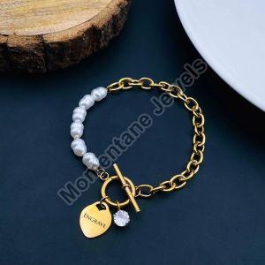 Heart Love Solitaire Pearl Links Toggle Clasp 18K Gold Stainless Steel Bracelet Women