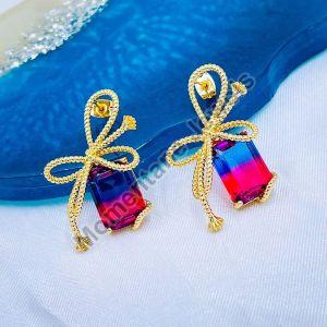 Rope Ribbon Blue Pink Crystal 18K Gold Dangle Drop Earring For Women