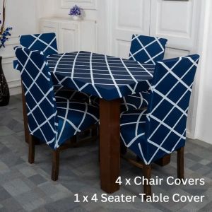 Navy Blue Checks Design Stretchable Table Chairs Cover