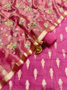 Banarasi chanderi buta  suit with orgenza embroidery work dupatta &amp;amp; plain bottom