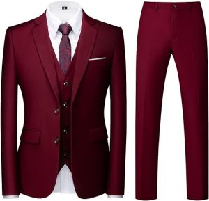Burgundy 3 Pieces Slim Fit Business Suit Wedding Couple Blazer Suit