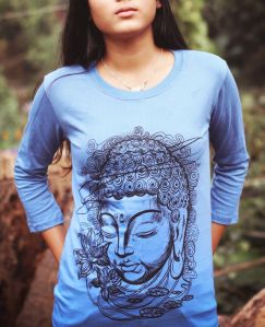 Ladies Blue Buddha Printed T-Shirt