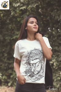 Ladies White Buddha Printed T-Shirt