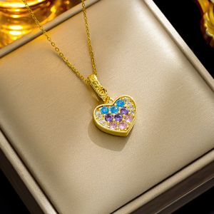 Heart Shape Stainless Steel Plating Inlay 18K Gold Plated Zircon Pendant Necklaces