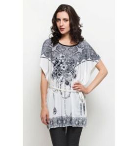 Ladies Black Panel Print White Top