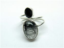BLACK RUTILE CABOCHON AND BLACK ONYX FACET RING