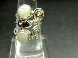 RAINBOW MOONSTONE CABOCHON AND AMETHYST FACET RING