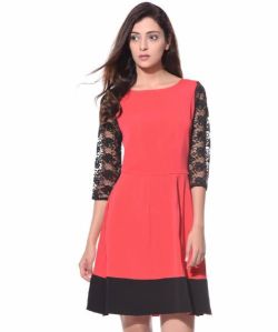 Solid Coral & Black Lace Dress