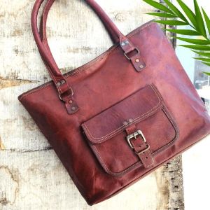 10″13 Handcrafted Leather Women’s with pocket Tote Bag