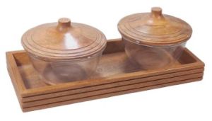 Stylish Mango Wood Bowl with Tray Set of 2 Pcs