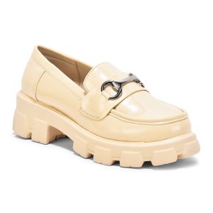 Ladies Glossy Beige Slip On Loafer Shoes
