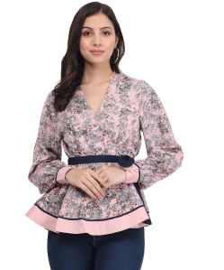 Casual Roll Up Full Sleeves Printed Women Pink Top With Belt