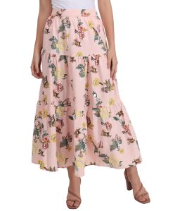 Women Flower Printed Pleated Pink Skirts