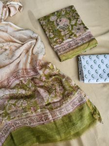 Unstitched Hand Block Printed Silk Suit Set