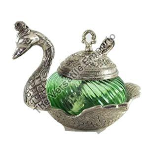 Glass Peacock Shaped Bowl with Lid and Dessert Spoon