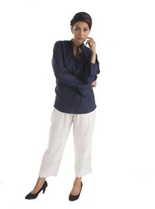 Drawstring Cuffs and Neck Tie Navy Blue Bamboo Top