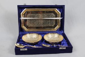 Gold Plated Tray With 2 Bowl and 2 Spoon Set