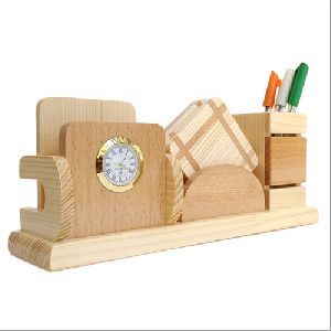 Wooden Pen Stand With Clock Card and Mobile Holder