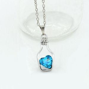 Blue Heart Crystal Love Drift Bottle Pendant Necklace