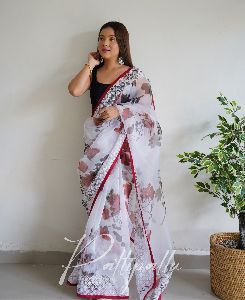 patlipallu women floral digital printed embroidered lucknowi organza blouse saree