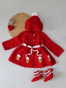Crochet Handmade Crochet Hooded Winter Red Coat for Kids