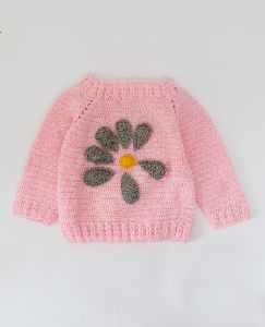 Woonie Crochet Sweater with Raglan Sleeves and Flower Applique