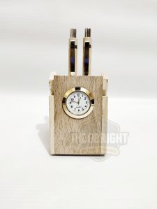 Beautiful Wooden Pen Holder With Clock &amp;amp; 2 Wooden Pen Perfect Gift For Teachers Day