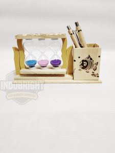 Handmade Decorative Wooden Pen Holder With 3 Small Sand Timers For Table & Desk