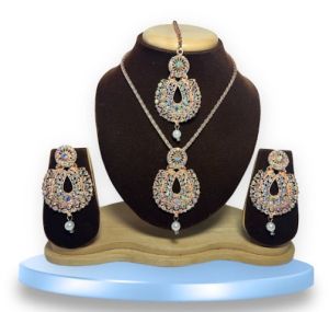 LATEST Chain Pendant Rose Gold Plated Choker Necklaces Maang Tikka &amp;amp; Earring Set for GIRLS AND Wom