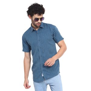 CVC BLUE Linen Strips Half Shirt C-508