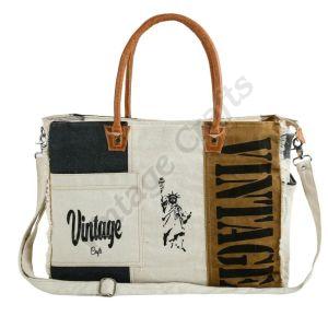 Ladies Printed Canvas and Leather Handle Bag