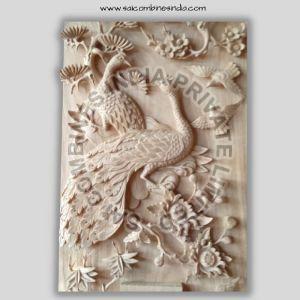 PEACOCK AND FLOWER CARVED MARBLE PANEL