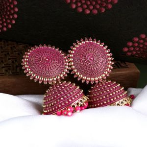 Floral Golden Pink Jhumkas Pearl Studded Earrings