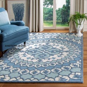 Blue Rectangular Hand Tufted Wool Carpets, For Office, Hotel, Home, Pattern : Printed