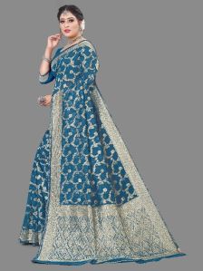 Blue Cotton Banarasi Silk Saree