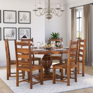 Round Solid Wood 6 Seater Dining Table Set