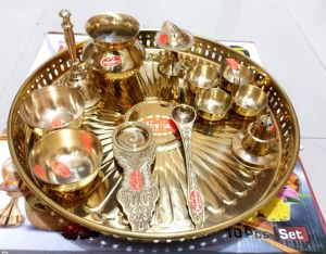 Swastik Golden Brass 3 Bowls Pooja Thali Manufacturer Supplier