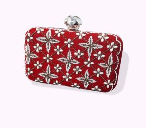 Fair Fashion red velvet hand embroidered clutch for women