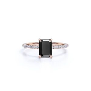 1.50 Ct Black Diamond Emerald Cut Solitaire Ring With Accents In Rose Gold