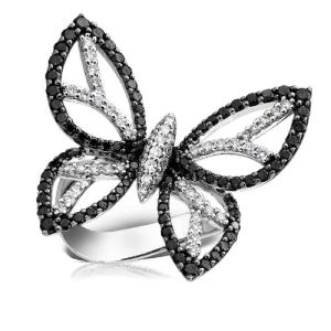 Black And White Diamond Butterfly Ring In 14k White Gold For Women\'s