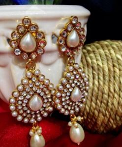 Gold-Plated Kundan Style Pearl Dangler Earrings