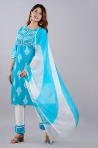 lt blue embroidered kurti pant with dupatta set