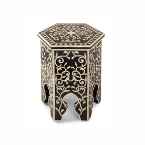 Hexagon Shape Floral Design Bone Inlay Stool From Tradnary