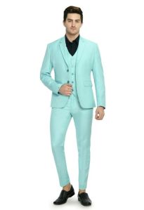 Mens Aqua Viscose Party Wear 3 Piece Suit